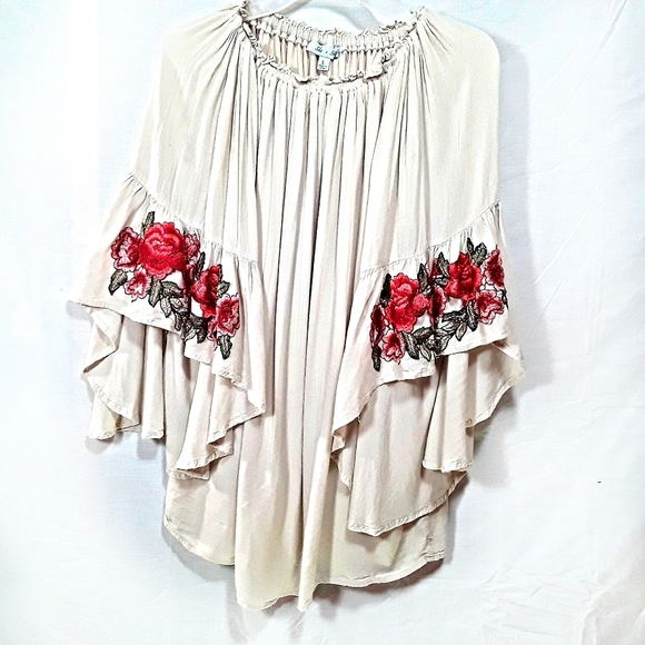 She and Sky Tops - She & Sky BoHo Cream Embroidery Floral Shirt Sz.L